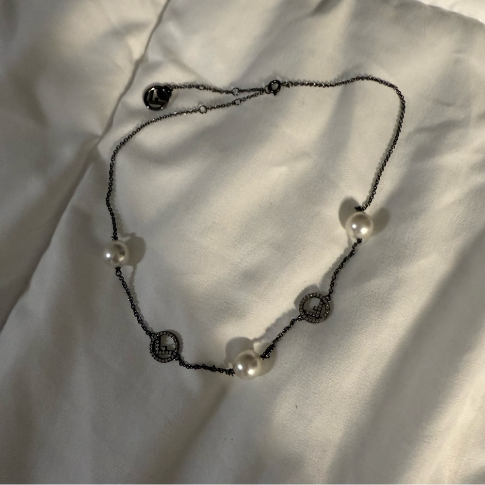 F is Fendi Black Chain with White Pearls Necklace